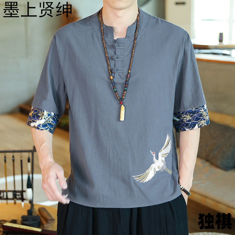 Chinese Style T-Shirt Men'S Summer Thin Crane Embroidered Cotton And Linen Short-Sleeved T-Shirt Men'S Loose Buckle Half-Sleeved Men'S Half-Sleeved T-Shirt - Image 3
