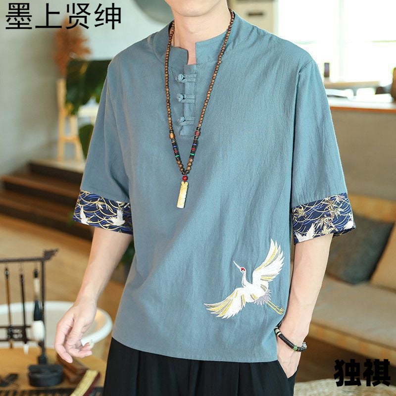 Chinese Style T-Shirt Men'S Summer Thin Crane Embroidered Cotton And Linen Short-Sleeved T-Shirt Men'S Loose Buckle Half-Sleeved Men'S Half-Sleeved T-Shirt - Image 1