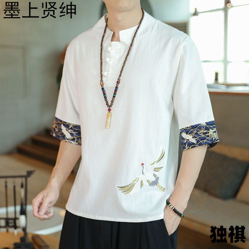 Chinese Style T-Shirt Men'S Summer Thin Crane Embroidered Cotton And Linen Short-Sleeved T-Shirt Men'S Loose Buckle Half-Sleeved Men'S Half-Sleeved T-Shirt - Image 4