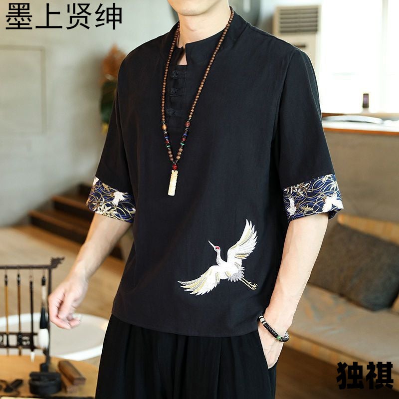 Chinese Style T-Shirt Men'S Summer Thin Crane Embroidered Cotton And Linen Short-Sleeved T-Shirt Men'S Loose Buckle Half-Sleeved Men'S Half-Sleeved T-Shirt - Image 2