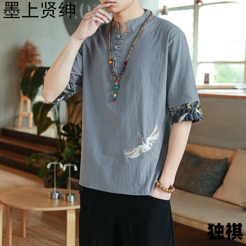 Chinese Style T-Shirt Men'S Summer Thin Crane Embroidered Cotton And Linen Short-Sleeved T-Shirt Men'S Loose Buckle Half-Sleeved Men'S Half-Sleeved T-Shirt - Image 5