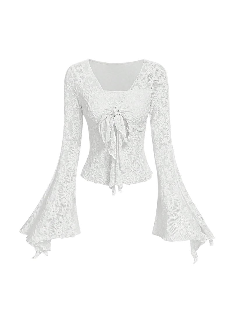 Verdusa Women's Y2K Cute Bell Sleeve Tops Floral Print Mesh Summer Long Sleeve Going Out Tops 2000s Clothing White Medium - Image 1