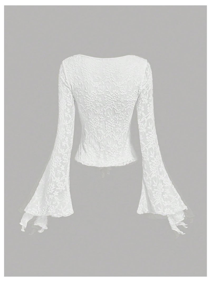 Verdusa Women's Y2K Cute Bell Sleeve Tops Floral Print Mesh Summer Long Sleeve Going Out Tops 2000s Clothing White Medium - Image 2
