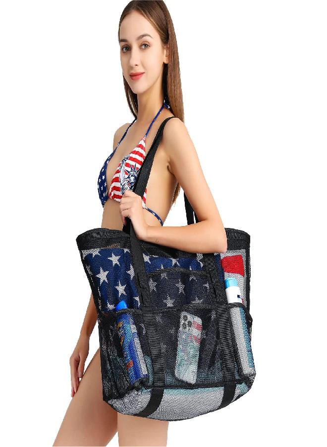 F-color F-color Mesh Beach Bag, Oversize Beach Tote 9 Pockets Beach Toy Bag, Black - Image 2