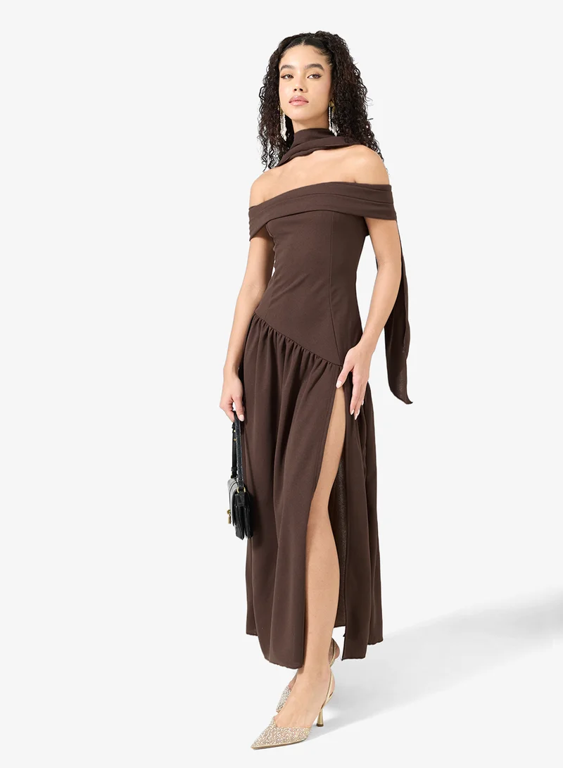 Off Shoulder Drop Waist Dress with Slit