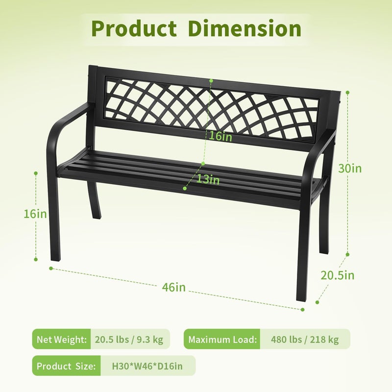 FDW Garden Bench,Outdoor Benches,Iron Steel Frame Patio Bench with Mesh Pattern and Plastic Backrest Armrests for Lawn Yard Porch Work Entryway,Black - Image 3