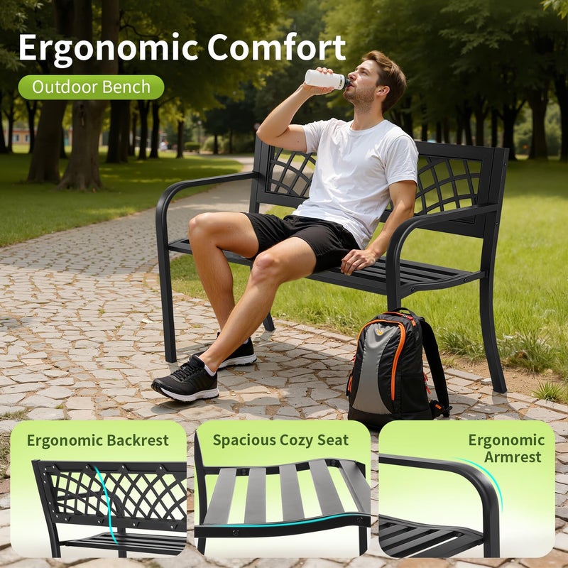 FDW Garden Bench,Outdoor Benches,Iron Steel Frame Patio Bench with Mesh Pattern and Plastic Backrest Armrests for Lawn Yard Porch Work Entryway,Black - Image 5