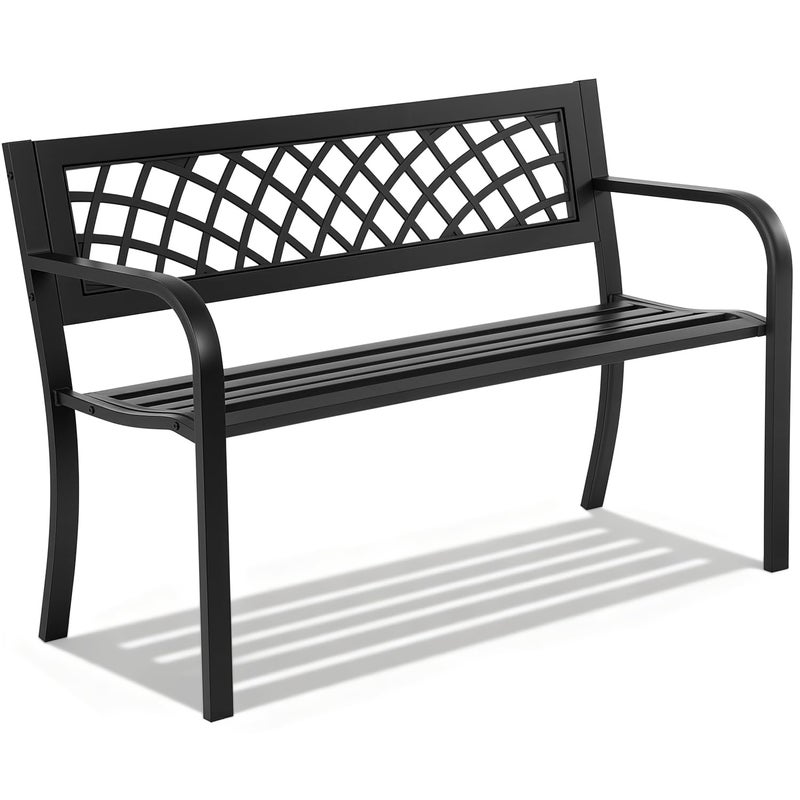 FDW Garden Bench,Outdoor Benches,Iron Steel Frame Patio Bench with Mesh Pattern and Plastic Backrest Armrests for Lawn Yard Porch Work Entryway,Black - Image 1
