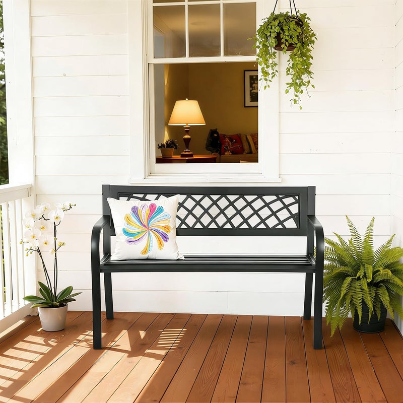 FDW Garden Bench,Outdoor Benches,Iron Steel Frame Patio Bench with Mesh Pattern and Plastic Backrest Armrests for Lawn Yard Porch Work Entryway,Black - Image 2
