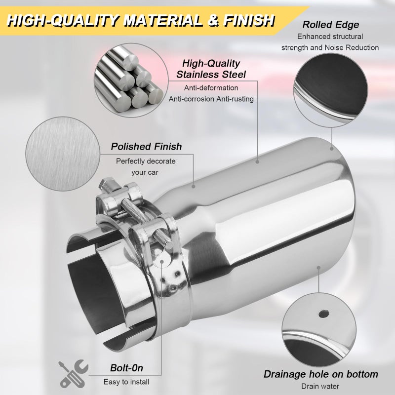 Vurkcy 2.5 inch Inlet Exhaust Tip, 3" Outlet 6" Overall Length Stainless Steel Exhaust Tail Pipe, Clamp-On, Rolled Edge, Slant Sleek Angle Cut, Polished Tailpipe, Silvery - Image 2