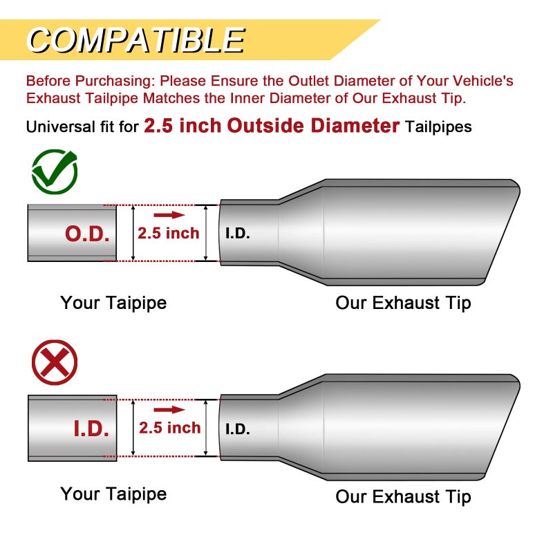 Vurkcy 2.5 inch Inlet Exhaust Tip, 3" Outlet 6" Overall Length Stainless Steel Exhaust Tail Pipe, Clamp-On, Rolled Edge, Slant Sleek Angle Cut, Polished Tailpipe, Silvery - Image 4