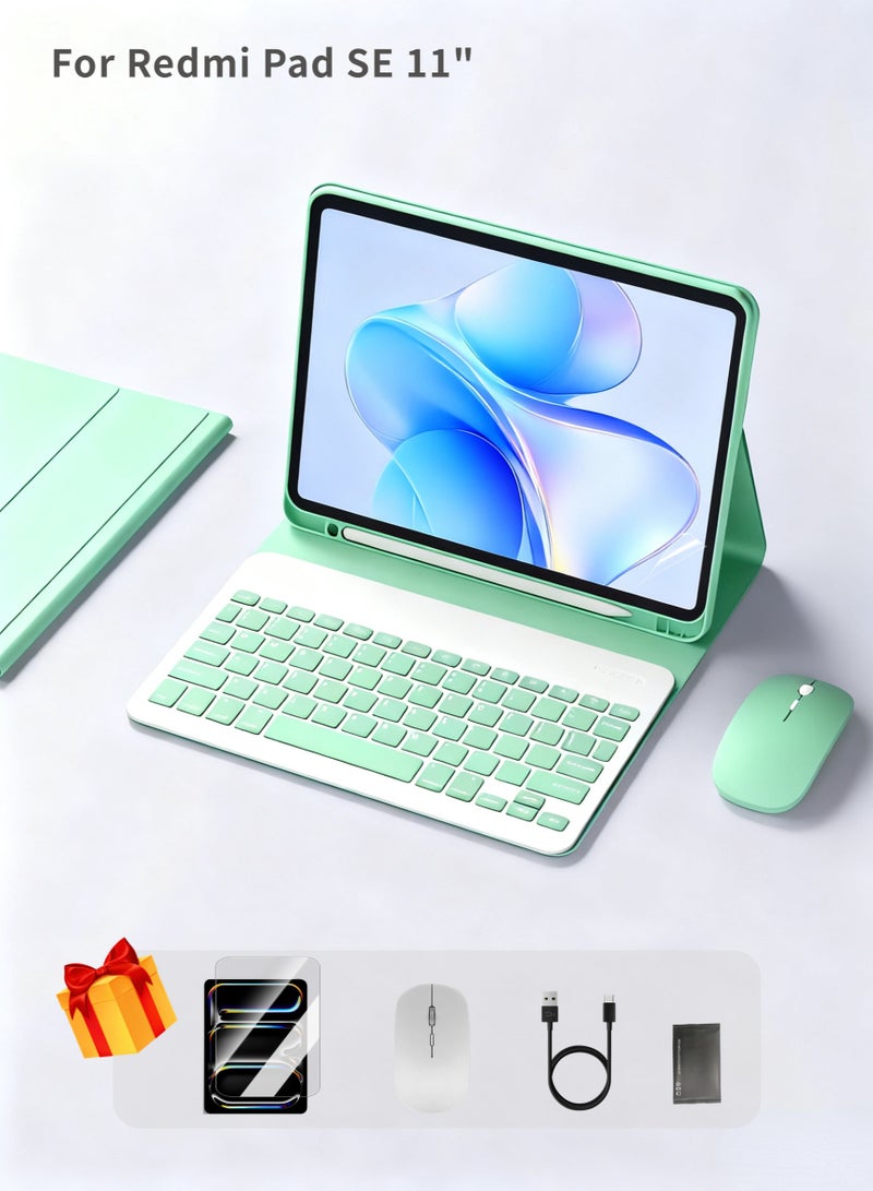 Keyboard Case For Redmi Pad SE 11 Inch, Detachable Bluetooth Keyboard Case Fully Wrapped /Anti-Fall /Leather Shockproof /Triangle Bracket, /Built-In Pen Slot / Flip-Top Smart Wake-Up/Off - AED 49 Gift Set Screen Protector-Green - Image 1