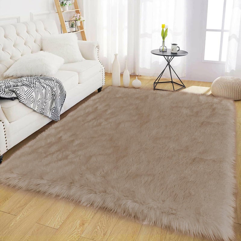 Latepis Shag Area Rugs 4x6 Machine Washable Faux Fur Rug Brown Beige Fluffy Carpet for Living Room Shaggy Plush Rug for Bedroom Floor Home Decor Rectangle