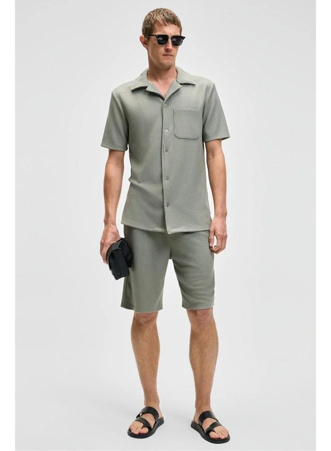 Grimelange ERMANO Men's Regular Fit Short Sleeve Buttoned Collar Khaki Shirt.