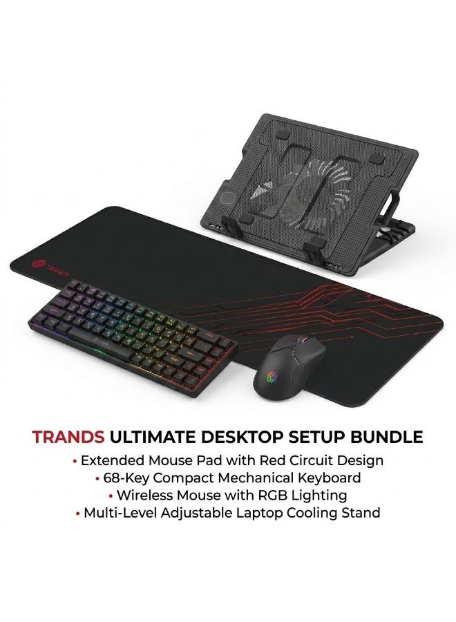 Trands 3-in-1 Ergonomic Desktop Essentials Kit: Extended Desk Mat, Mechanical Keyboard/Mouse Combo & Laptop Cooling Stand - Black - Image 1