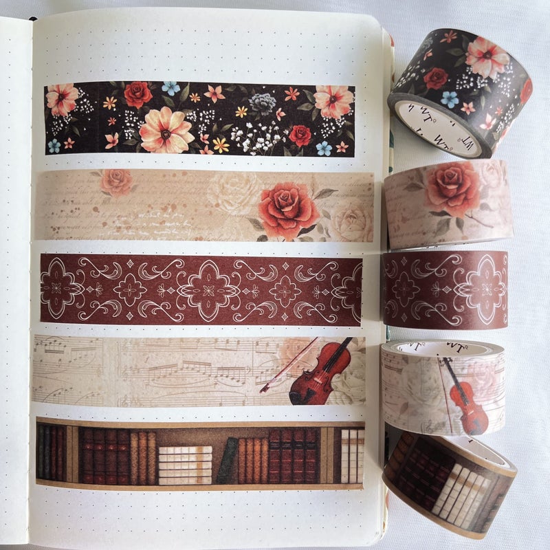 WT Academia Washi Tape Set, 5 Rolls, Original Designs, Vintage Floral Decorative Masking Tape, DIY Crafts, Bullet Journals, Planners, Scrapbooking, Journals Gifts, Adhesive Wrapping Tape, Paper Tape - Image 2