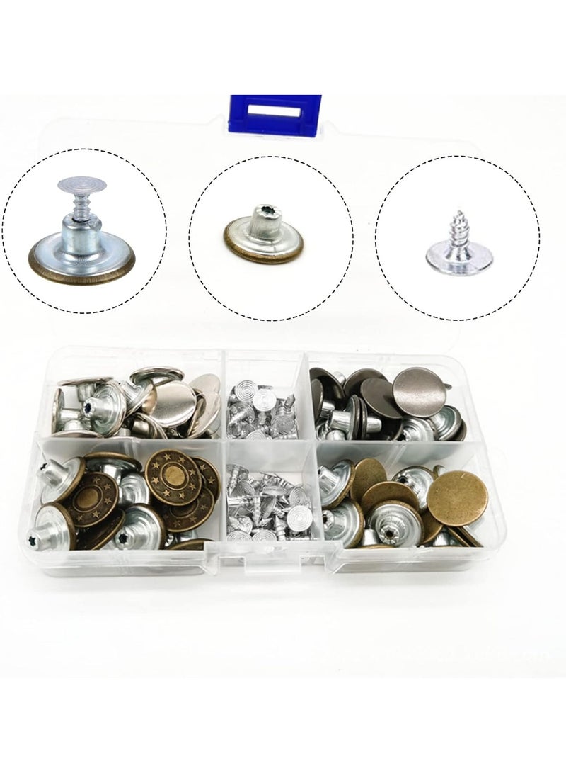 Replacement jeans buttons without metal stitching, removable for jeans, denim clothing, and bags, available in different styles. A pack of 20 buttons that can be attached with press studs and fasteners, comes with a storage box, for repairing jeans, pants, and other handicrafts. - Image 3