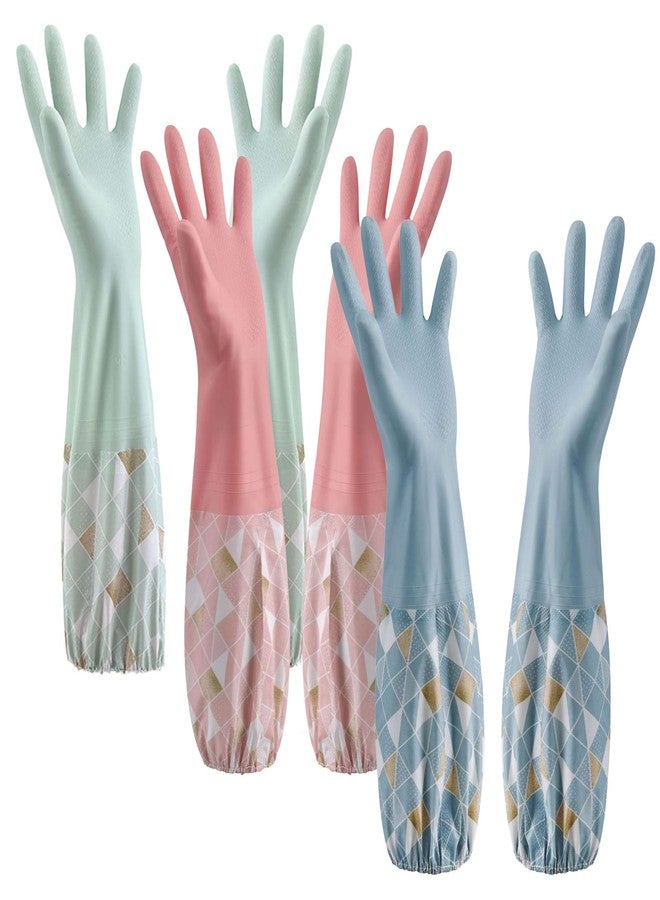 WATUNID 3PCS Dishwashing Cleaning Gloves with Cotton Flocked Liner, Reusable Latex Free Waterproof Long Cuff Kitchen Glove for Laundry, Cleaning, Working, Gardening(Pink+Green+Blue) - Image 1