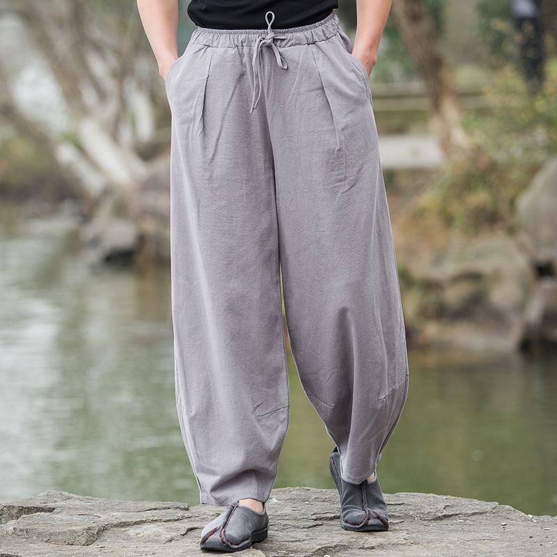 Summer Cotton Linen Mens Loose Wide Leg Pants Light gray  - Image 1