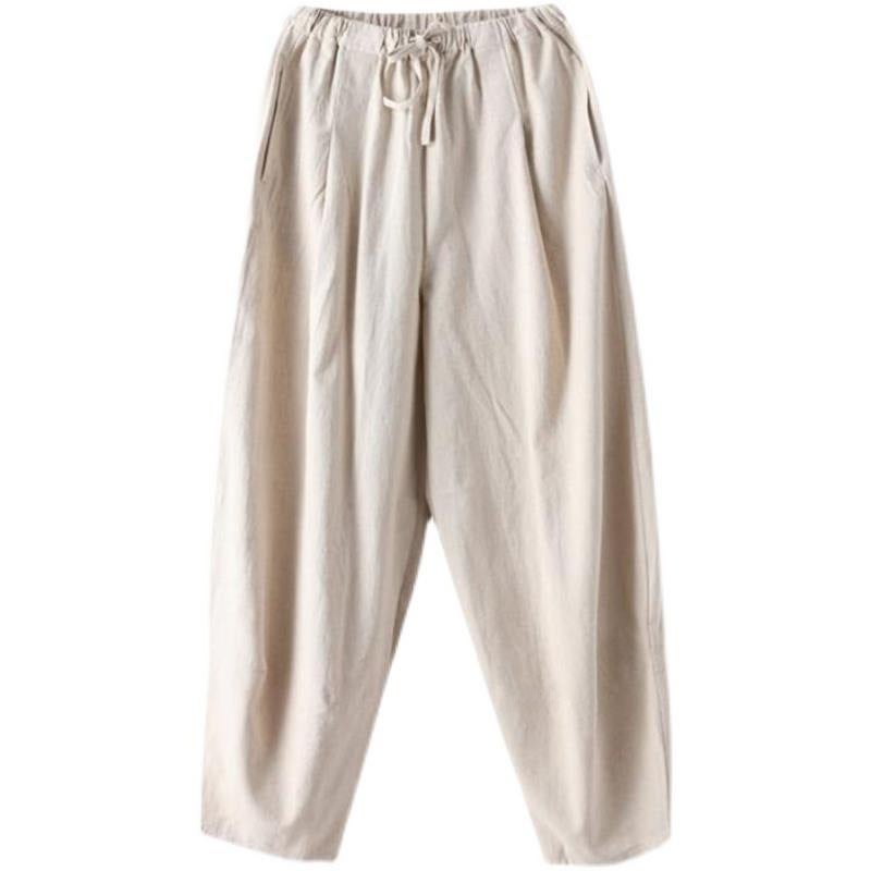 Summer Cotton Linen Mens Loose Wide Leg Pants Light gray  - Image 3