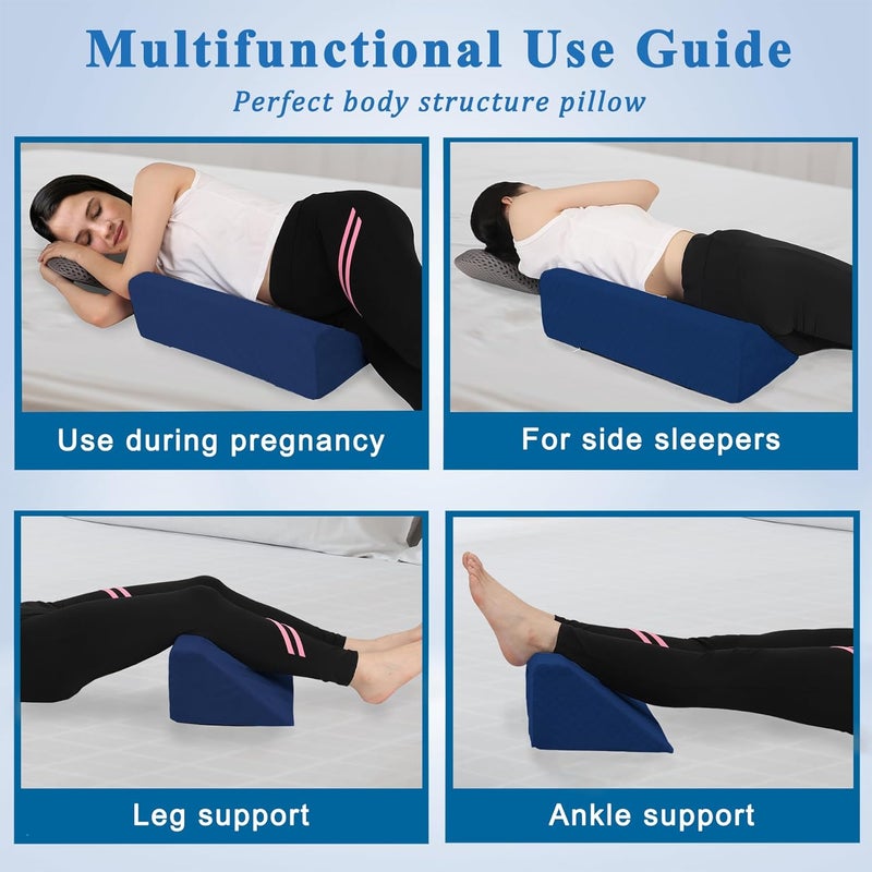 Jacobable Bed Wedge Pillow for Side Sleeping Sponge Filled Body Positioning Triangle Pillow Suitable for Pregnancy and Surgery Prevent Bed Sore for Leg and Back Support with Pillow Case (Navy Blue) - Image 3