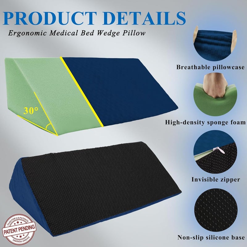 Jacobable Bed Wedge Pillow for Side Sleeping Sponge Filled Body Positioning Triangle Pillow Suitable for Pregnancy and Surgery Prevent Bed Sore for Leg and Back Support with Pillow Case (Navy Blue) - Image 5