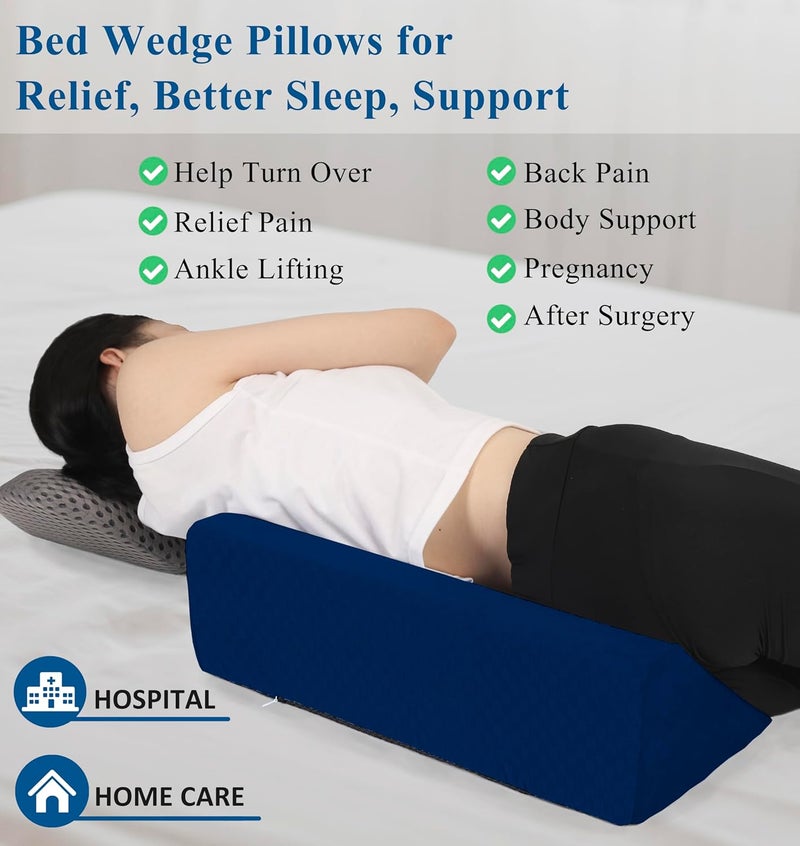 Jacobable Bed Wedge Pillow for Side Sleeping Sponge Filled Body Positioning Triangle Pillow Suitable for Pregnancy and Surgery Prevent Bed Sore for Leg and Back Support with Pillow Case (Navy Blue) - Image 2