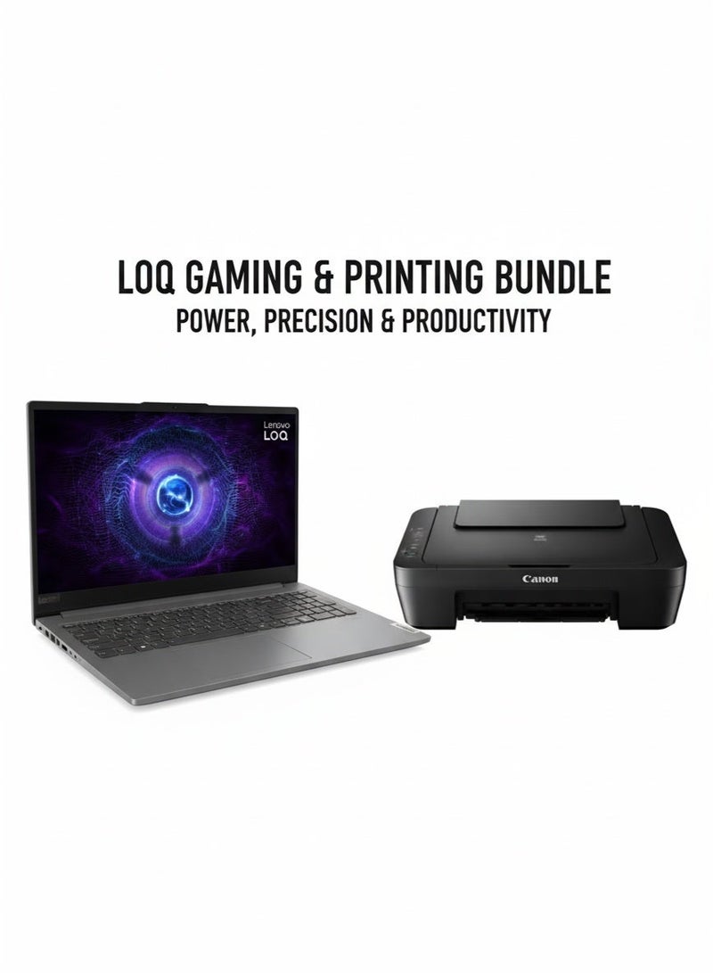 Lenovo LOQ Gaming Laptop With 15.6 Inch Full HD (1920x1080) IPS  Display, Core i5-12450HX Processor/16GB DDR5 RAM/512GB SSD/4GB Nvidia GeForce RTX 2050 Graphics/DOS(Without Windows)/ English/Arabic Grey & PIXMA MG2541S, Compact Home All-In-One Printer, Scanner and Copier GreyBundle - Image 1