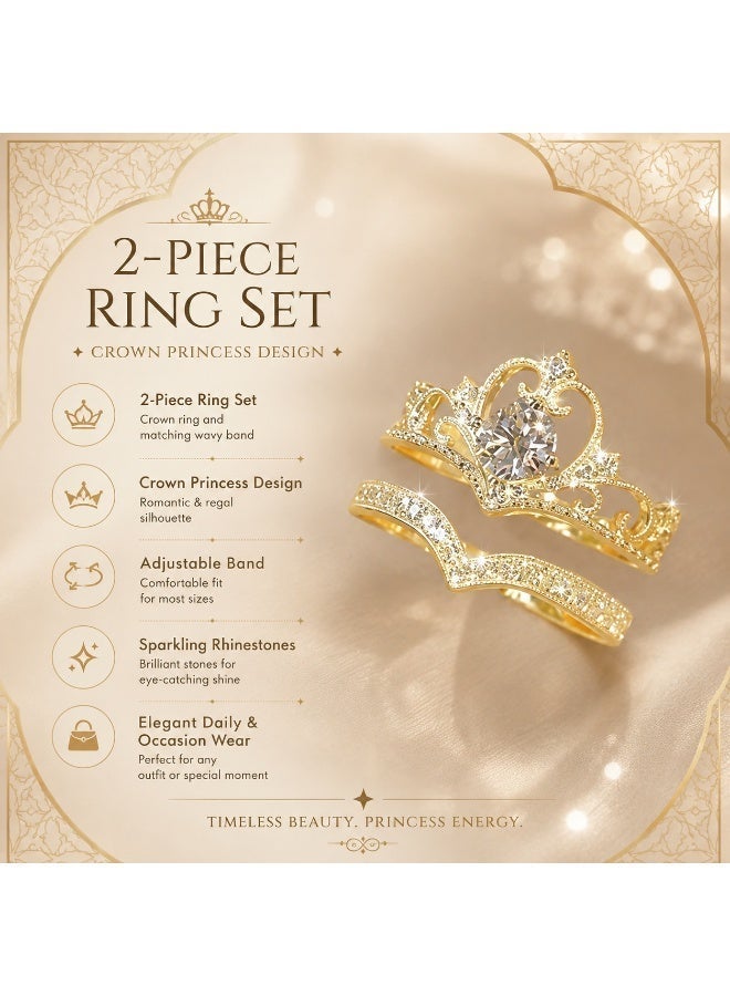 Ucanbe Diamond-Encrusted Crown Princess Engagement Ring & Adjustable Wedding Band Ring Set (2-Piece) - Image 4