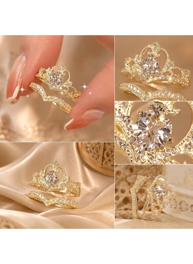 Ucanbe Diamond-Encrusted Crown Princess Engagement Ring & Adjustable Wedding Band Ring Set (2-Piece) - Image 3