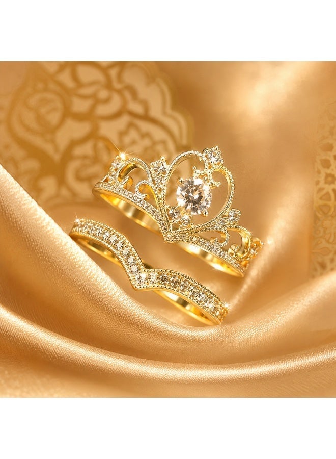 Ucanbe Diamond-Encrusted Crown Princess Engagement Ring & Adjustable Wedding Band Ring Set (2-Piece) - Image 5
