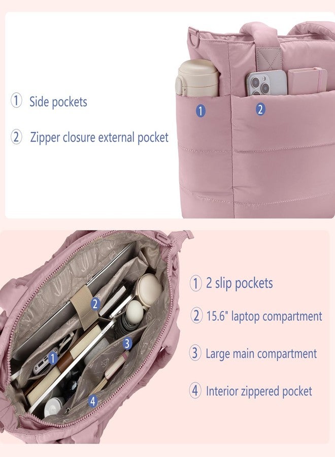 GASSDA Tote Bag for Women Puffer Tote Bag Large Quilted Nurse Bag with Zipper for Work Travel, Dark Pink - Image 4