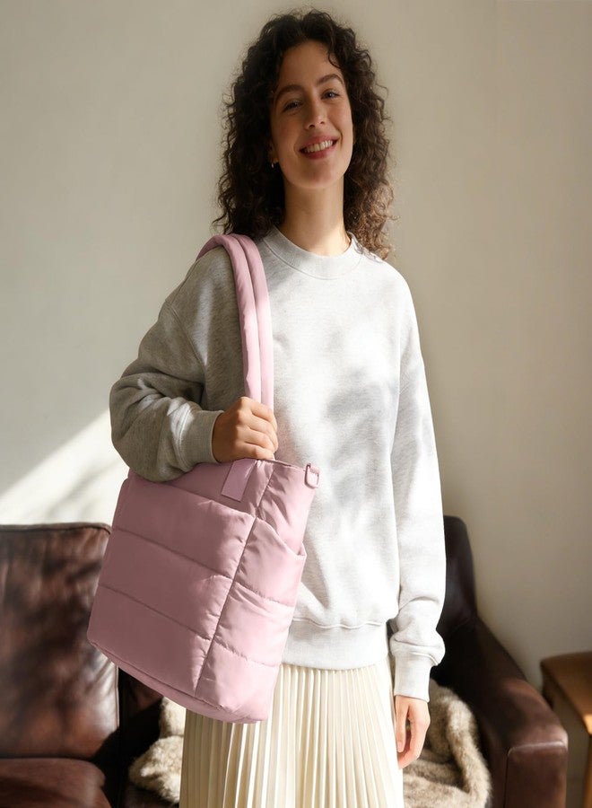 GASSDA Tote Bag for Women Puffer Tote Bag Large Quilted Nurse Bag with Zipper for Work Travel, Dark Pink - Image 2