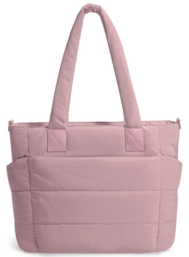 GASSDA Tote Bag for Women Puffer Tote Bag Large Quilted Nurse Bag with Zipper for Work Travel, Dark Pink - Image 1