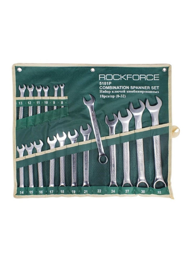 ROCKFORCE Offset Double Ring Spanner Box End Wrench Set 18 Pieces with Cloth Storage Bag