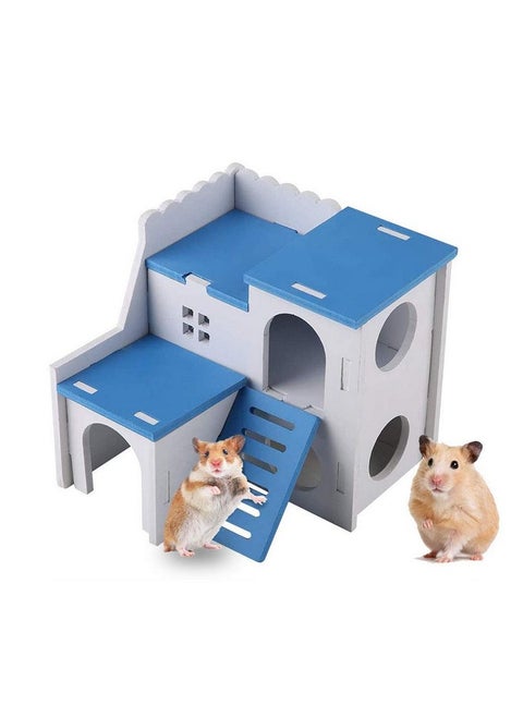 WishLotus Wooden Small Animal Hideout with Climbing Ladder Exercise Toys Luxury Two Layers Hut for Dwarf Hamster, Chinchilla, Rat, Gerbil, Mouse (Blue)