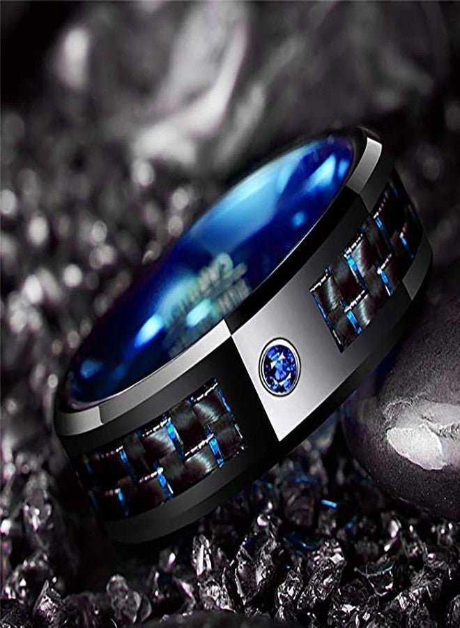 NUNCAD Male Rings Tungsten Carbide Wedding Band Polished Finish Blue Carbide Fiber and Blue CZ Inlay Size 15 - Image 2