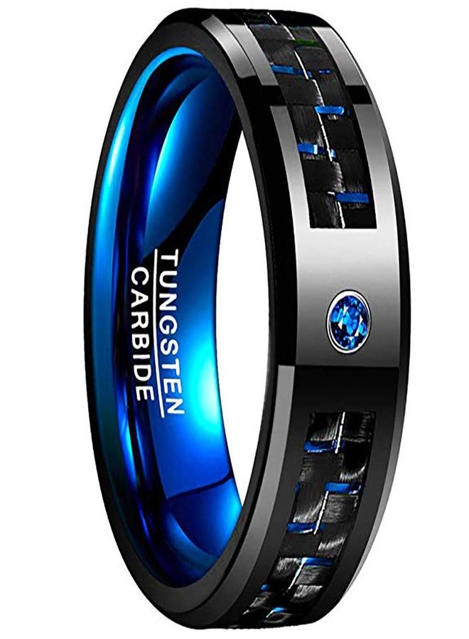 NUNCAD Male Rings Tungsten Carbide Wedding Band Polished Finish Blue Carbide Fiber and Blue CZ Inlay Size 15 - Image 1