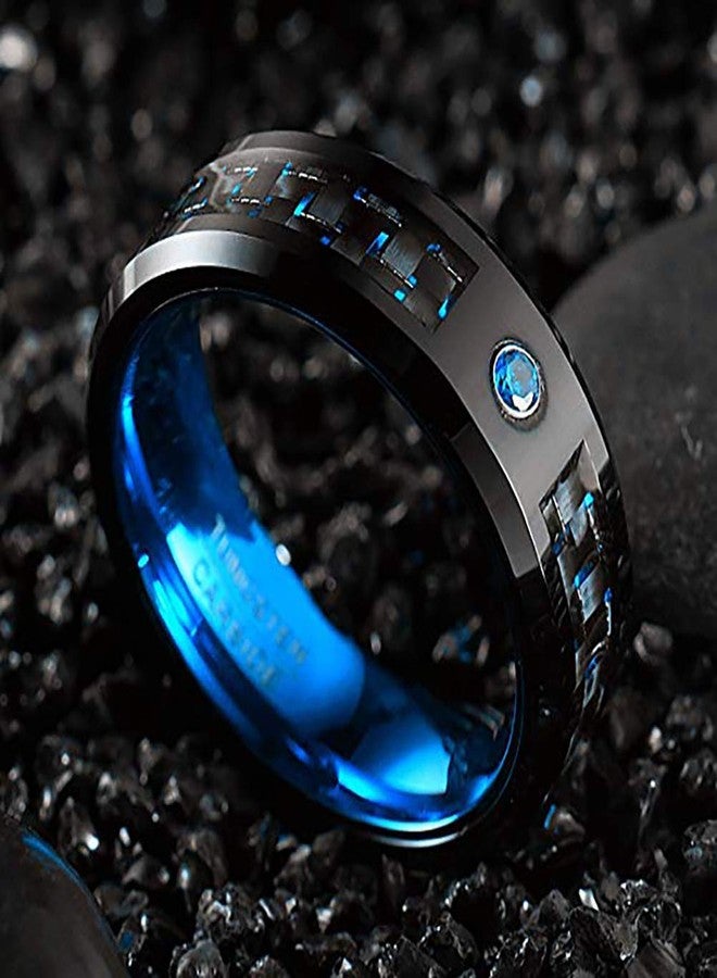 NUNCAD Male Rings Tungsten Carbide Wedding Band Polished Finish Blue Carbide Fiber and Blue CZ Inlay Size 15 - Image 3