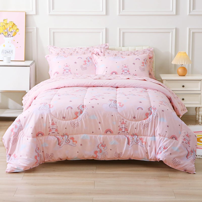 Viviland Kids Twin Bedding Sets for Girls Soft Twin Comforter Set with Sheets 5 Pieces Microfiber Bed in a Bag Pink Unicorn