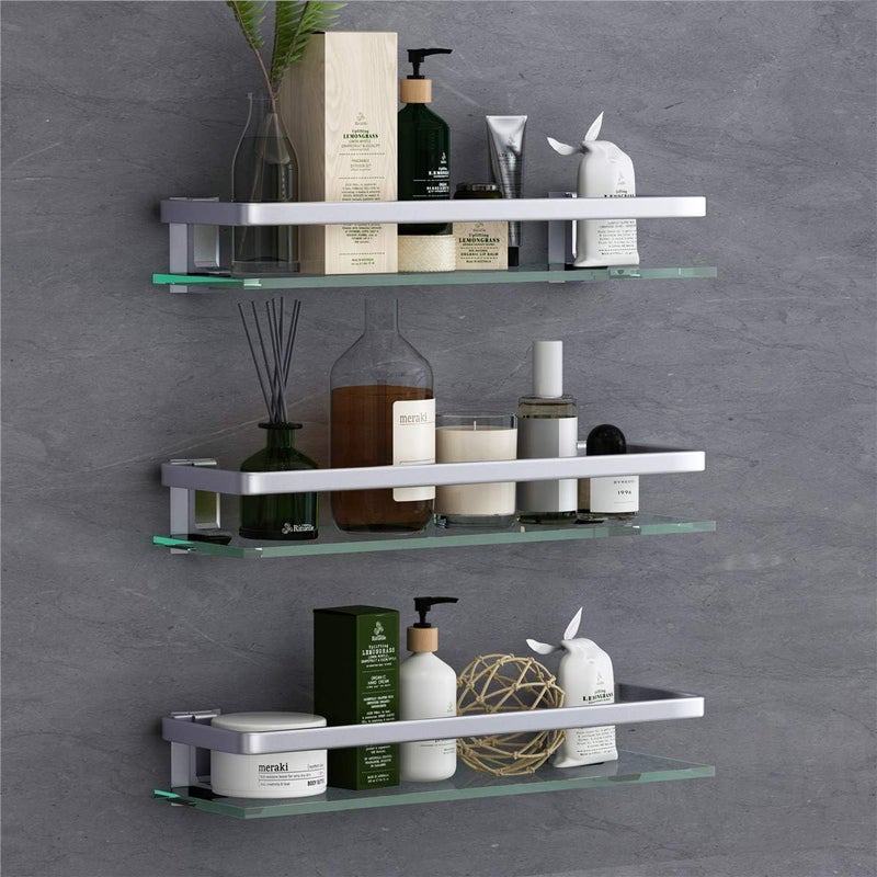 VOLPONE Bathroom Wall Shelf 15.7in Bathroom Glass Shelves Wall Mount Glass Shelf Rustproof Bathroom Wall Organizer 3 Tier (Sliver) - Image 1