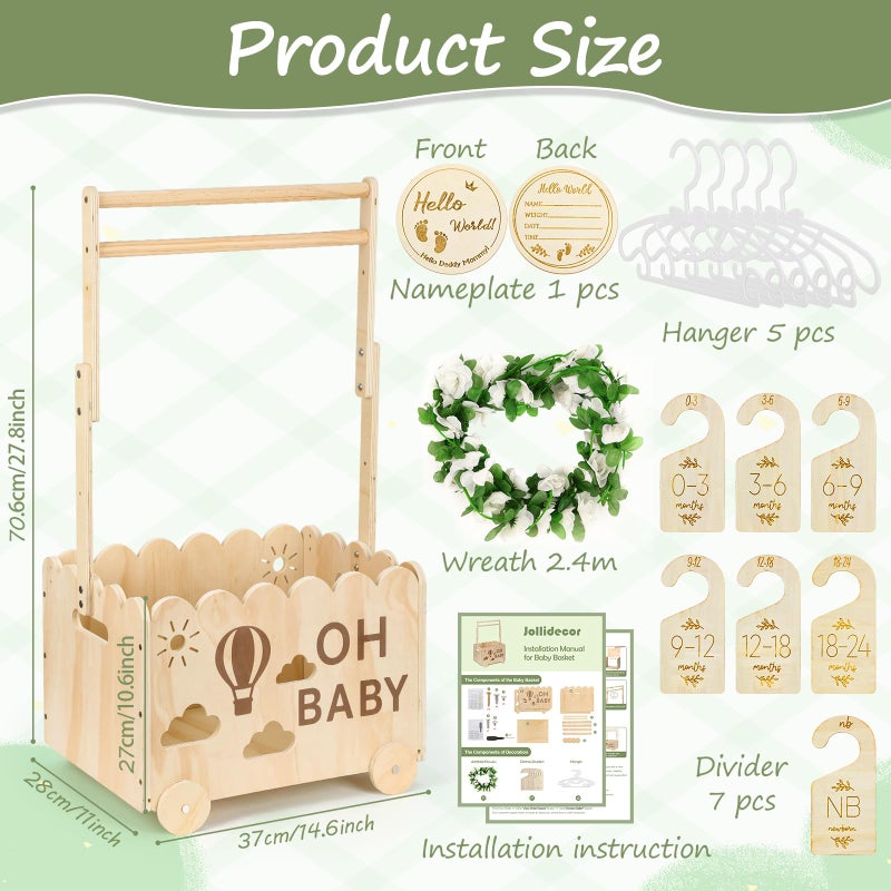 Jollidecor Wooden Baby Shower Crate Closet with Wheels, Baby Girl Boy Shower Gift Basket with Handle, Personalized Welcome Newborn Storage Box, Gift for Pregnancy New Parent - Image 3