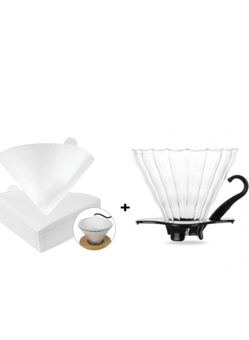 RANK Drip Funnel V60 Clear 02 ,And 100 Piece Coffee Paper Filter V60 Size 02 White - Image 1