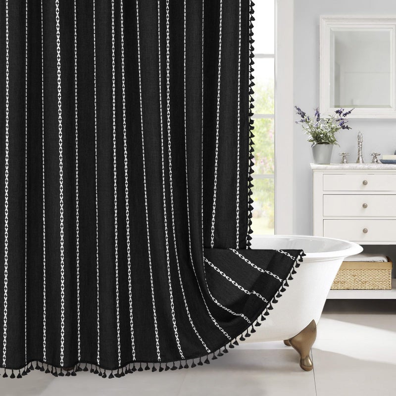 MitoVilla Black Boho Fabric Shower Curtain Modern Farmhouse Polyester Linen Shower Curtains for Vintage Rustic Bathroom Decor Country Tassel Thick Cloth Shower Curtain 72 x 72