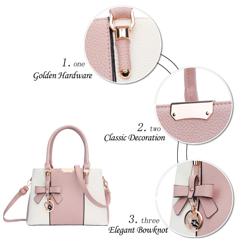 KKXIU 3 Zippered Compartments Purses and Handbags for Women Top Handle Satchel Shoulder Ladies Bags (A-Pink White) - Image 3