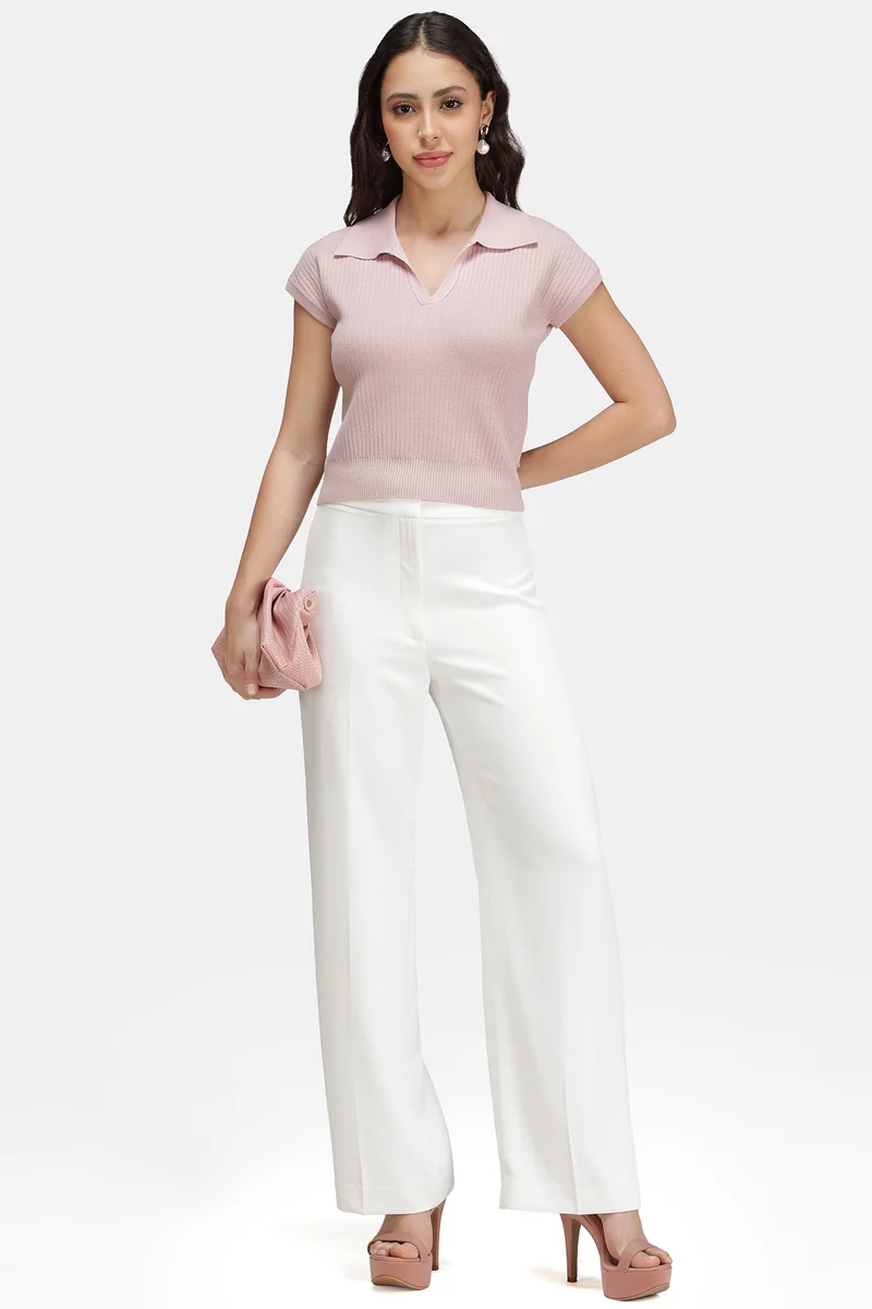 Virgio Solid Viscose Ribbed Knit Crop Polo Vest for Women