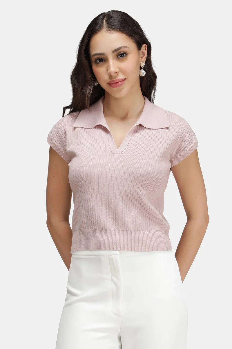 Virgio Solid Viscose Ribbed Knit Crop Polo Vest for Women