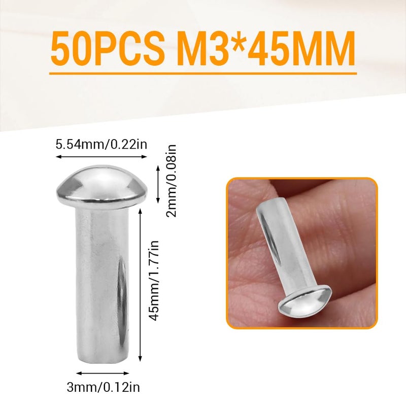 50PCS Stainless Steel Round Head Rivets,M3x 45mm Length Solid Brazier Head Rivets Marine Fasteners for Metal Wood and Plastic - Image 2