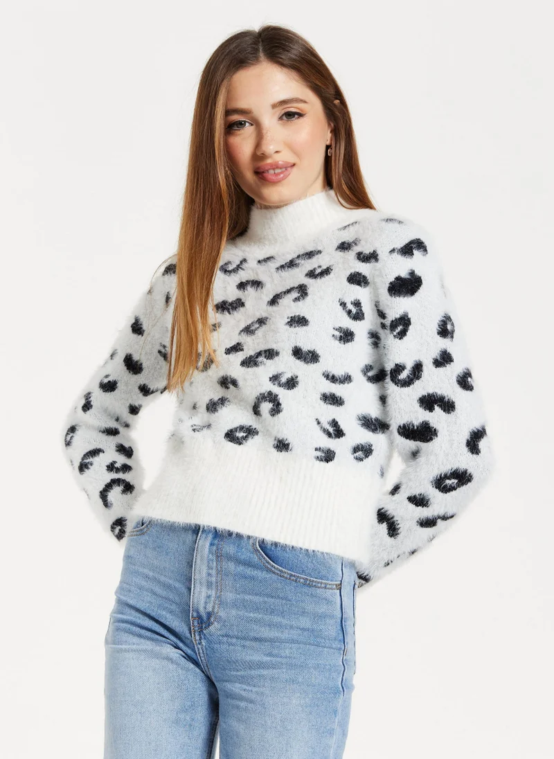 Liquorish Fluffy Animal High Neck Jumper In Black