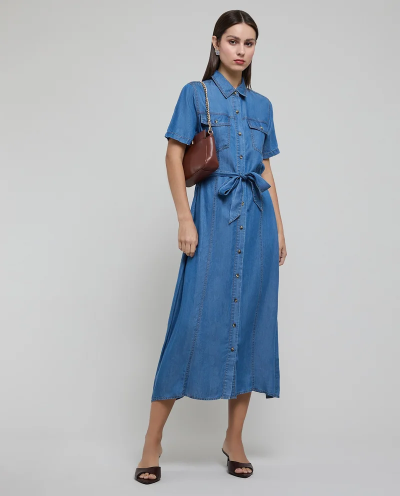 R&B Washed Shirt Dress with Short Sleeves